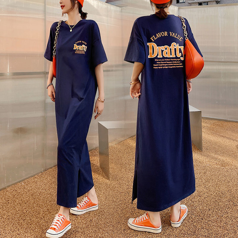 South Korea plus size T-shirt Women's Clothing Summer New Split Long Dress Loose Lengthened Over-knee Chubby Sister dress Women