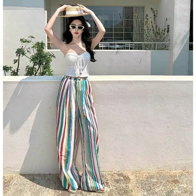 Dopamine Rainbow Striped High-Waisted Floor-Length Casual Pants for Women, Summer Beach Vacation Loose Wide-Leg Pants