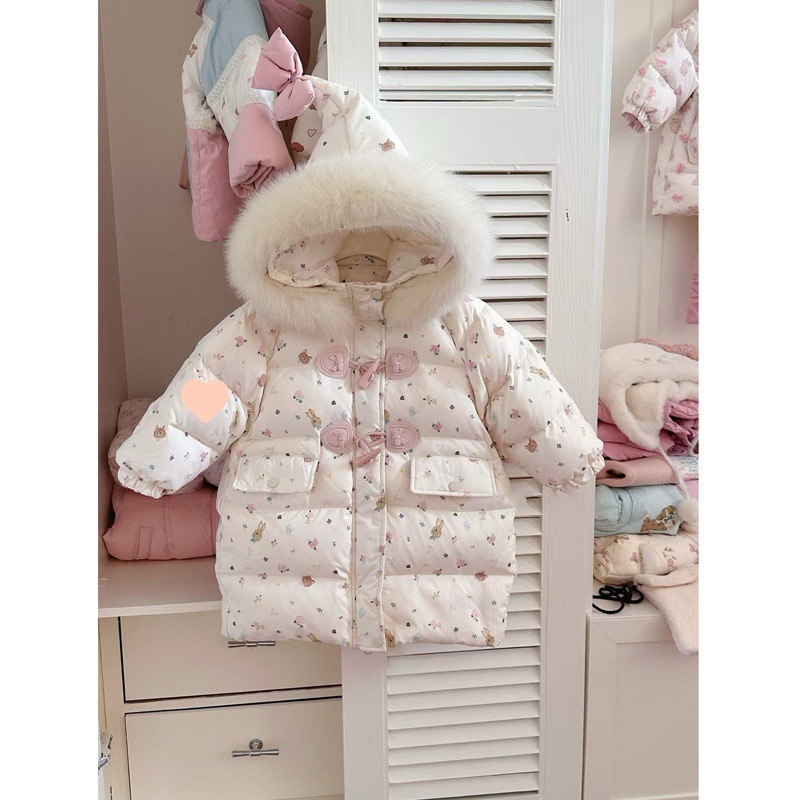 女童羽绒棉服中长款儿童24冬装新款女宝宝毛领帽加厚保暖外套