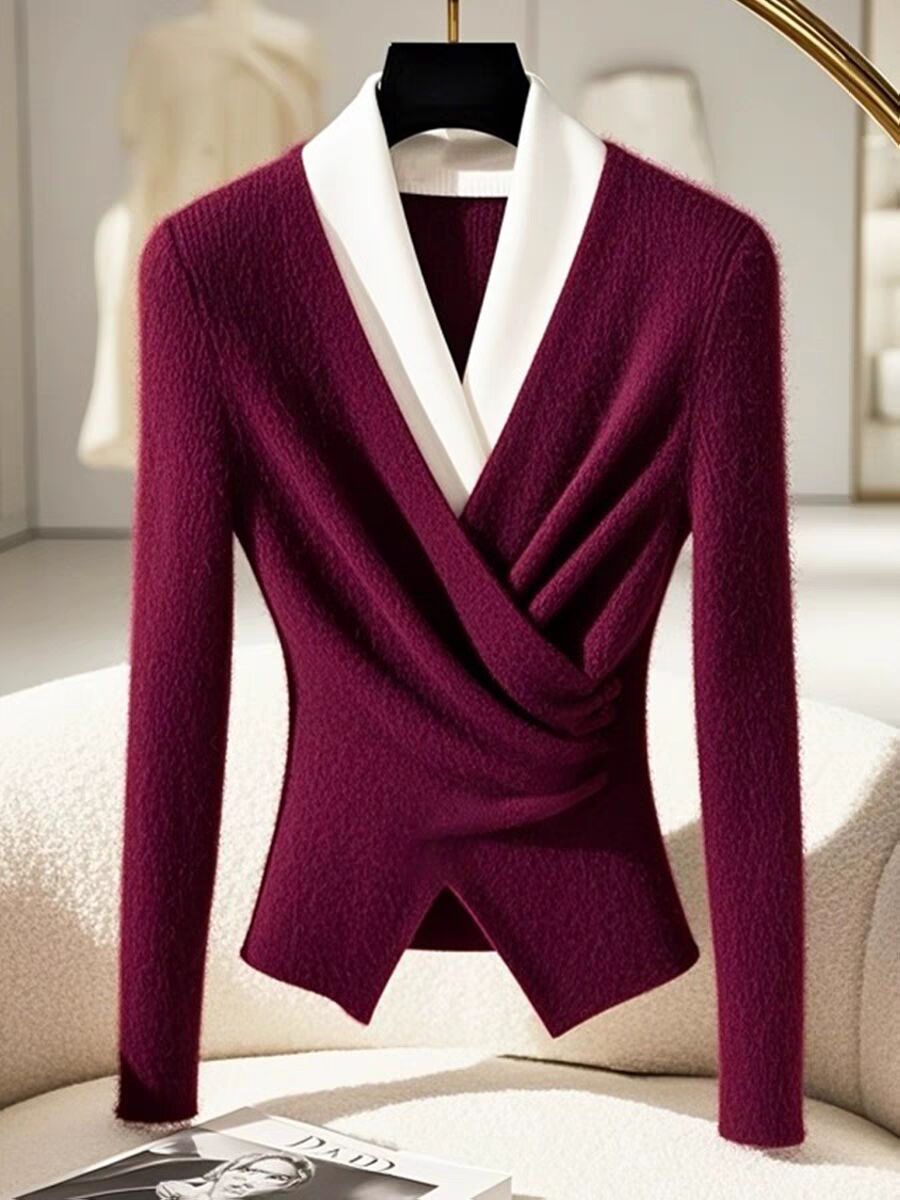 Áo len cardigan nữ cổ lọ phối hai lớp, thiết kế đối lập màu sắc, form ôm nhẹ — Rượu vang đỏ