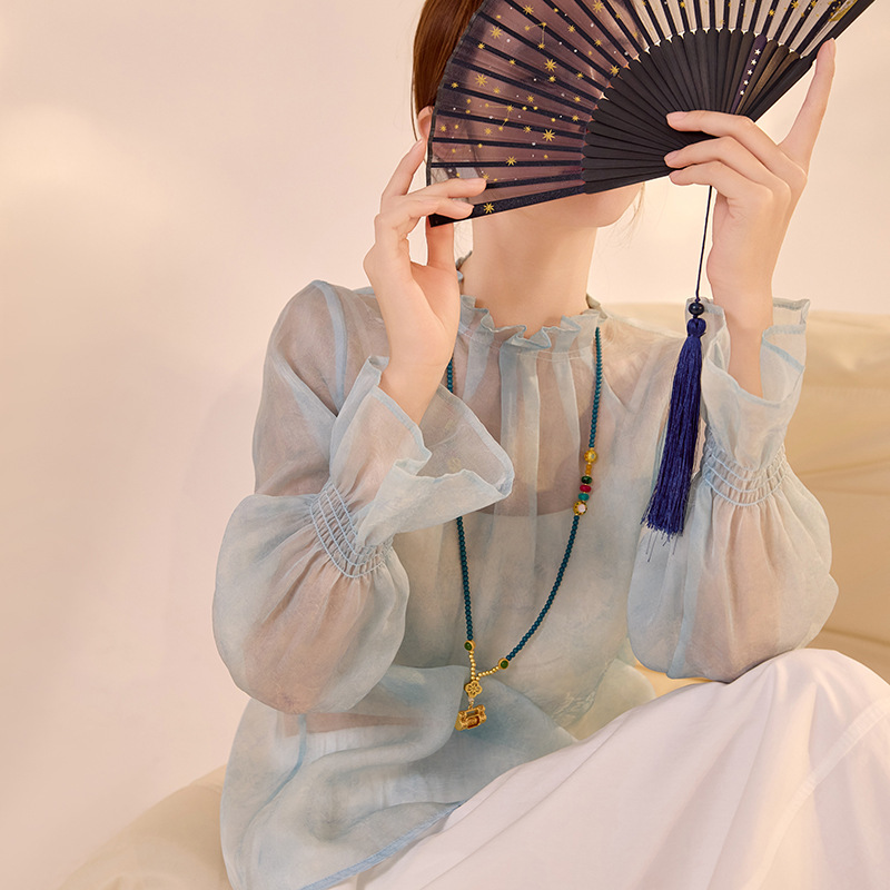 New Chinese-Style Fashion Lace Collar Shirt, High-End New Chinese-Style Flared Sleeve Silk Blouse for Women N2021