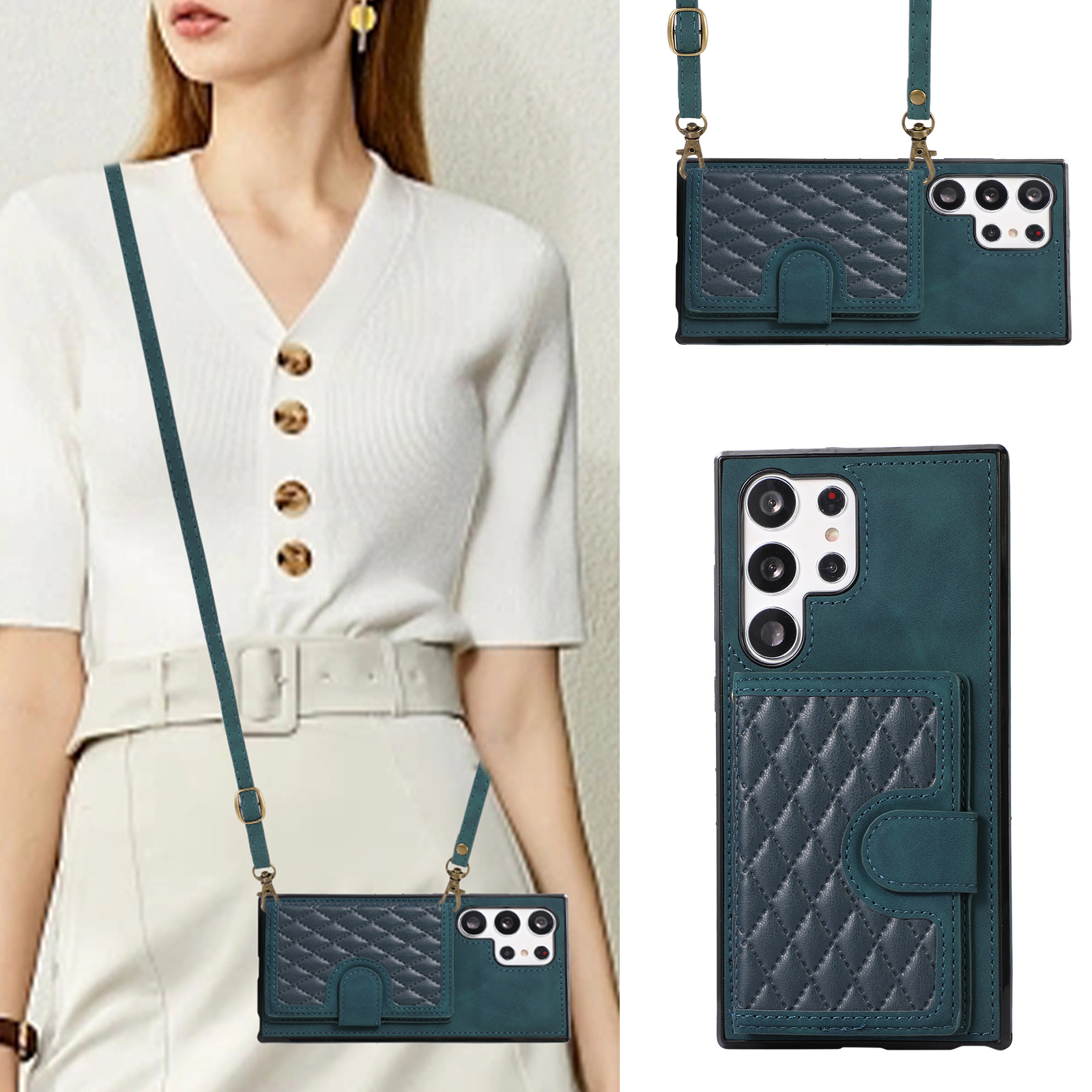Suitable for Samsung S23U diamond grid case, iPhone 14 crossbody rope, trendy card insertion, small fragrance phone case_voghion.com