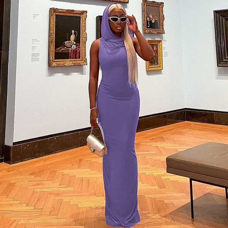2024 otoño nuevo Aliexpress estilo europeo y americano ropa de mujer de moda encapuchada de color sólido trasera bifurcada vestido sin mangas mujer