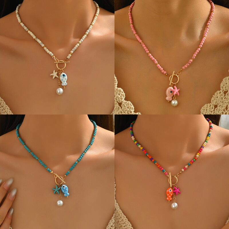 Cross-Border Hot Selling Bohemian Quirky Fun Style Ceramic Spotted Fish Retro Imitation Pearl Turquoise Starfish Necklace