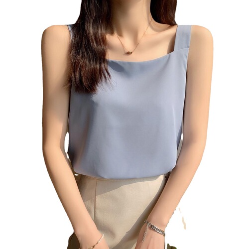 Women's Square Collar Strappy Tank Top  Summer Chiffon Loose Black and White Innerwear Outerwear Sleeveless Base Shirt Top Wholesale