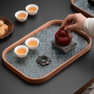 New Chinese Style Rounded Begonia Glass Tray Creative Home Living Room Bamboo Tea Tray Fruit Snack Storage Tea Ceremony