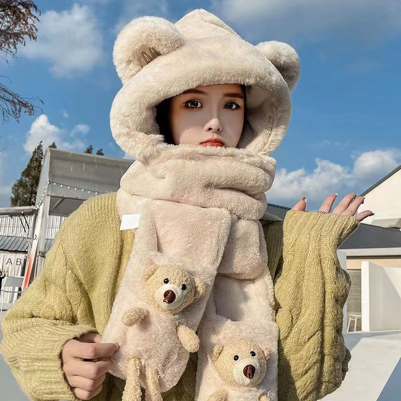 帽子の女性の秋冬の熊の耳のマフラーの手袋の一体の3つのセットのマフラーのぬいぐるみのかわいい自転車の保温帽子|undefined
