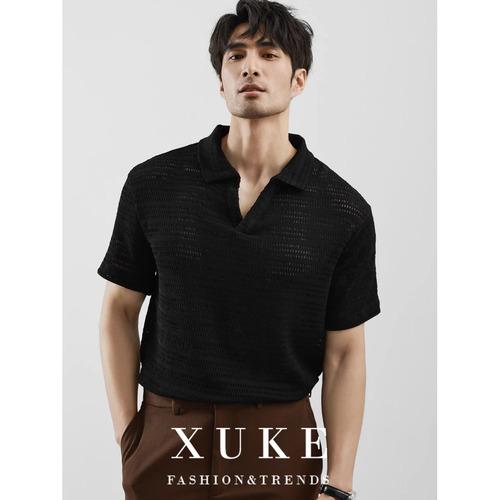 POLO Shirt V-Neck Short Sleeve Knit Shirt for Men with Herringbone Lacing, British Business Summer Ice Silk for Import and Export Cross-Border Wholesale