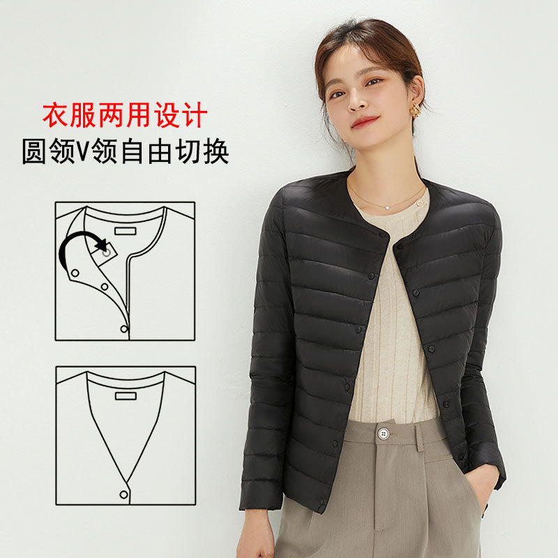 Nuevo chaqueta de plumón ligera para mujeres de invierno y otoño, chaqueta de cuello redondo de cuello en V, doble chaqueta corta grande y delgada