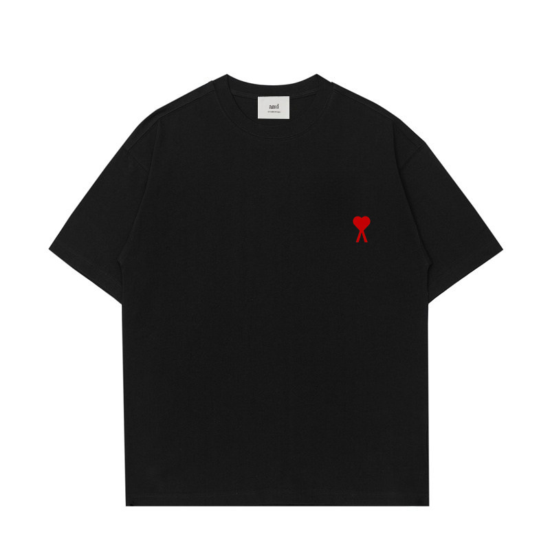 AMI&EASY 正しいバージョンのクラシックな小さな愛の刺繍半袖 Tシャツメンズ夏のトレンディなブランドルーズカジュアル多用途 Tシャツ|undefined