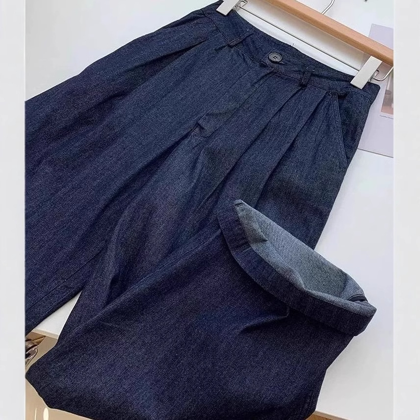 Quần ống rộng vải lanh cotton Yamamoto cạp cao mẫu mới mùa hè 2025 — Màu xanh đậm