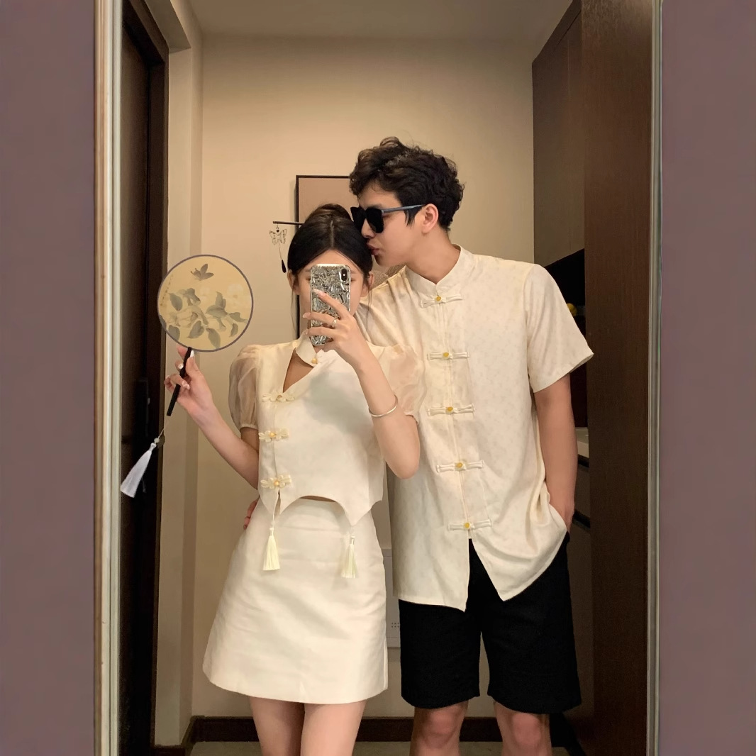 중국 스타일 커플 원피스 여름 새로운 스타일 중국 스타일 회전 짧은 소매 개선 된 버클 펜던트 디자인 칼라 캐주얼 셔츠