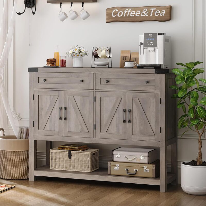 Modern Minimalist Sideboard with 4 Barn Doors in Gray, Featuring Two Drawers for Multifunctional Storage, Suitable for Small Spaces in Living Rooms and Dining Rooms Modern Minimalist Sideboard with 4 Barn Doors in Gray, Featuring Two Drawers for Multifunctional Storage, Suitable for Small Spaces in Living Rooms and Dining Rooms
