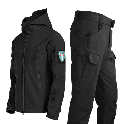 Men's autumn and winter outdoor shark skin soft shell raincoat set with fleece camouflage jacket waterproof coat warm cross-border 