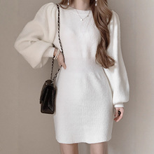 一字领泡泡袖罗纹针织连衣裙婚礼嘉宾年终修身气质针织毛衣裙