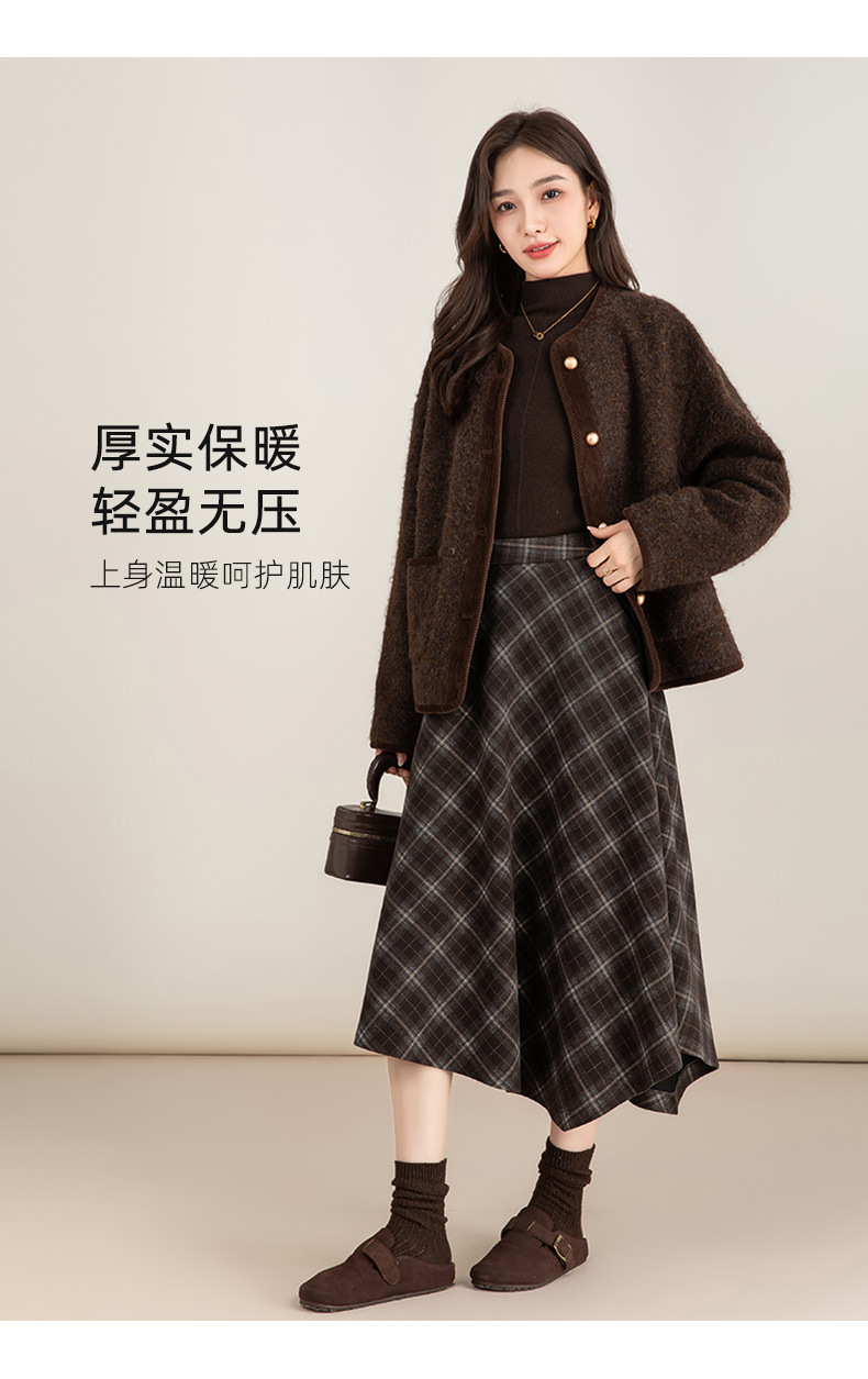 Váy len kẻ sọc bất đối xứng eo cao dáng chữ A dài vừa phải — lưới chi tiết 18