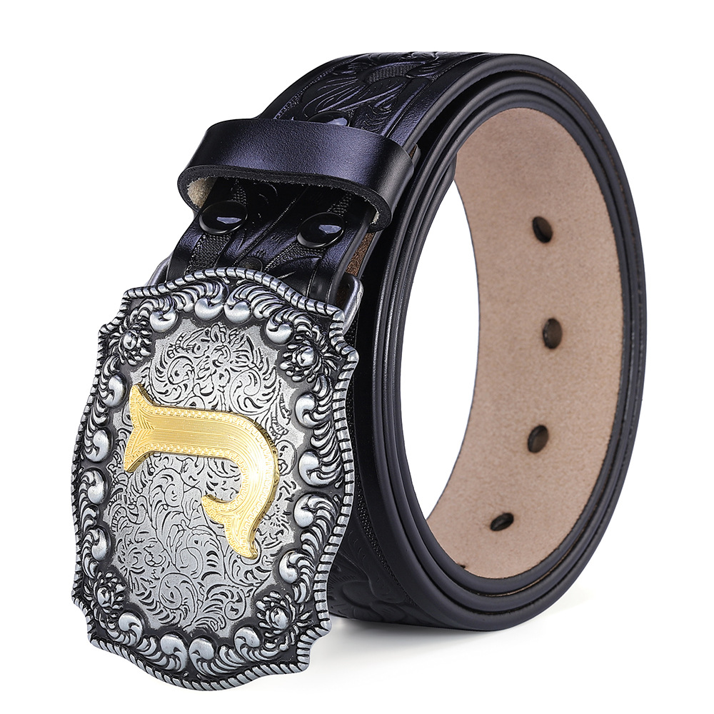 Cinturón de letra J de cuero de vaca, cinturón de estilo europeo y americano, cinturón de cintura retro con jeans, cinturón de hombre, tamaño grande