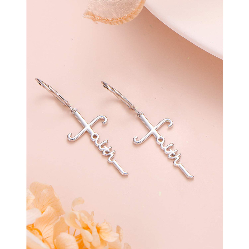 925 plata esterlina cruz pendientes pendientes TEMU nuevo estilo europeo y americano de moda fe letra FAITH pendientes pendientes
