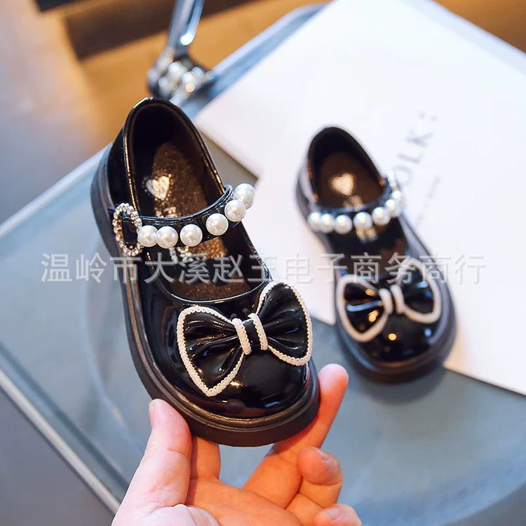Children's shoes for leather shoes English style with bow from pearl for princess, 2023, autumn, trend of season, British style, soft sole
