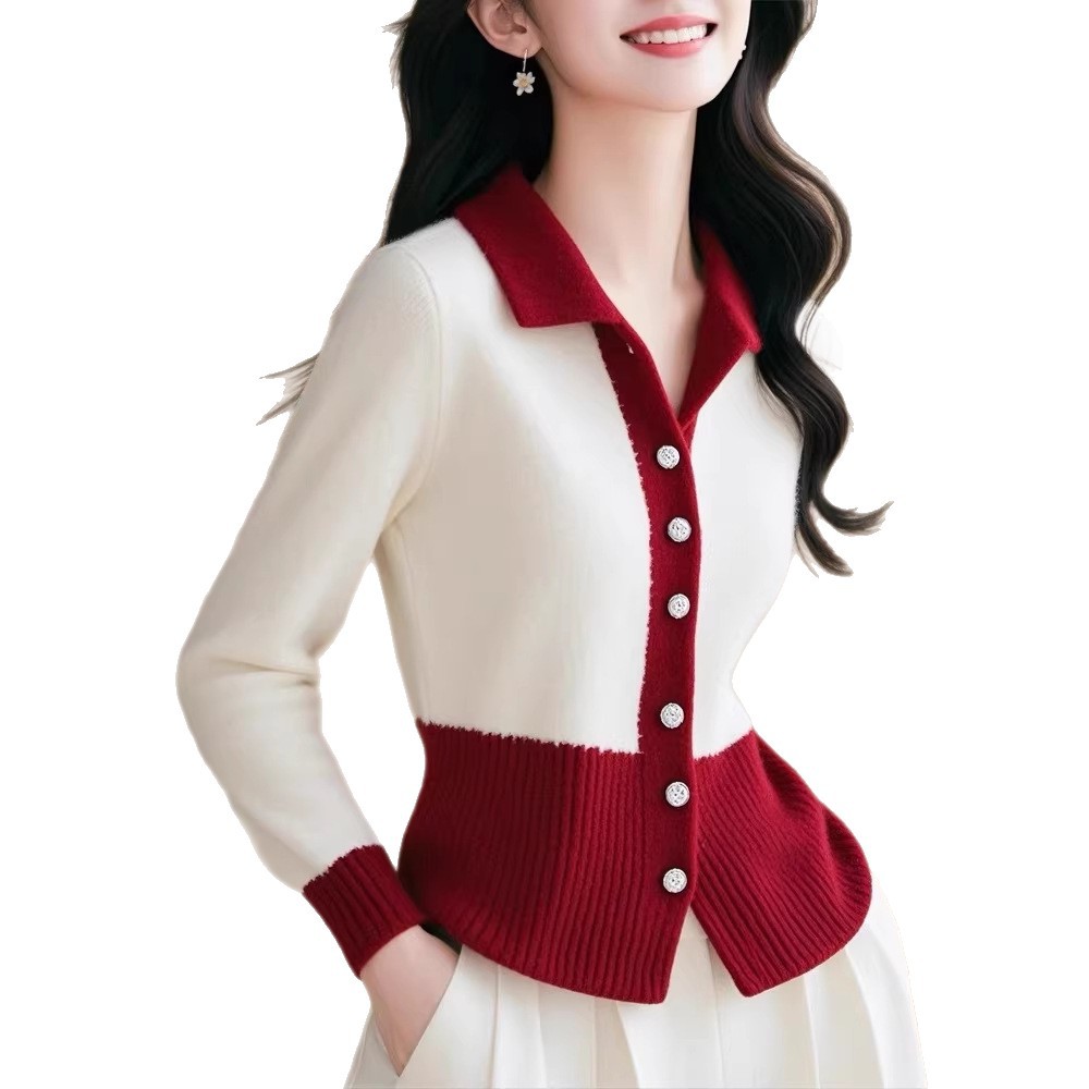 Áo len cardigan nữ cổ V dệt kim tay dài phối màu ôm dáng — Đánh vần màu đỏ và trắng