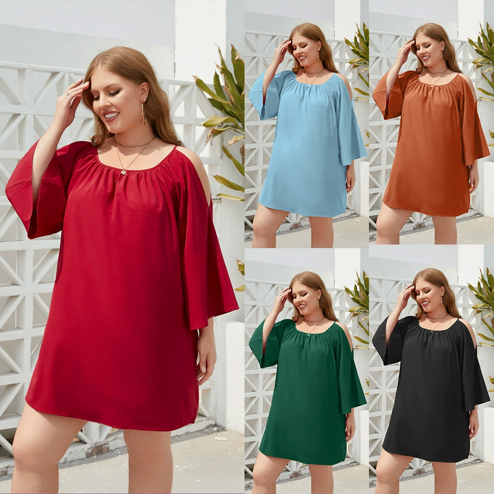 Трансграничная плюс размер Женская плюс размер сплошной цвет досуг Отпуск Платье путешествия шею Сплит пузырь рукав платье