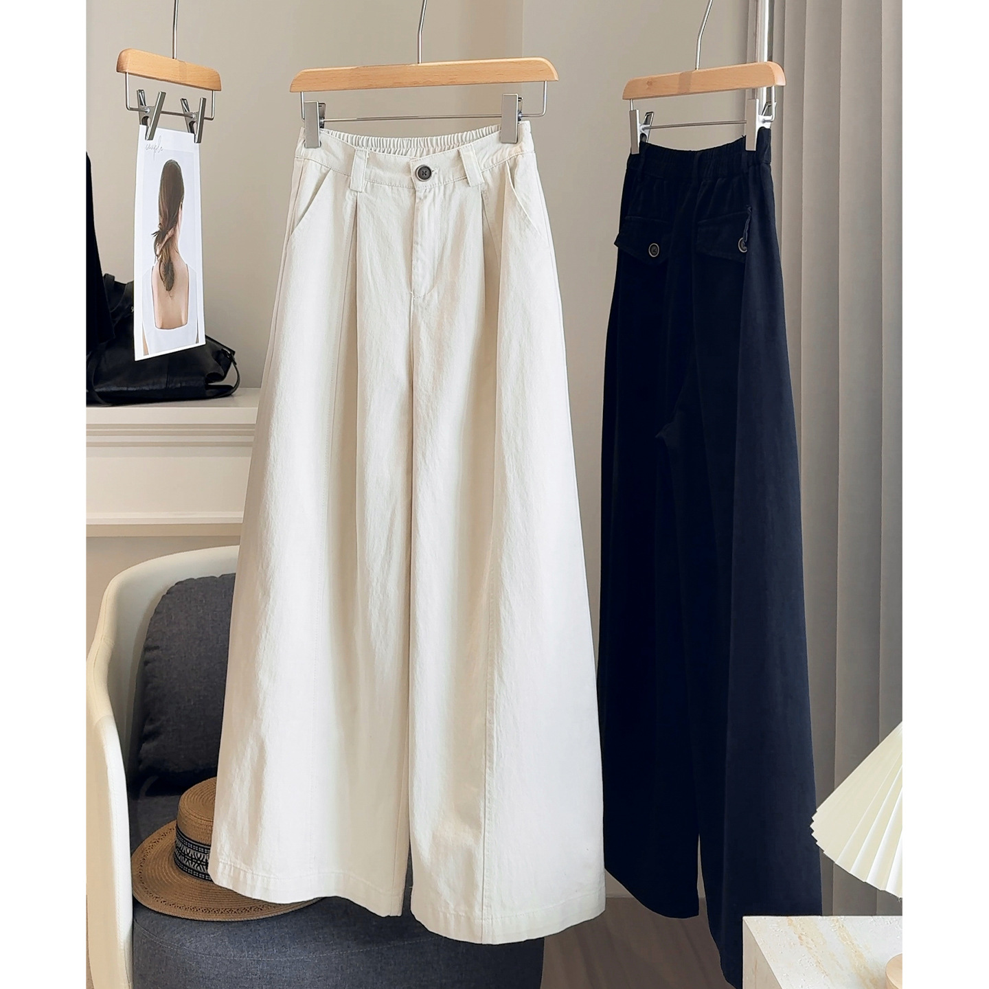 Vintage Elastic High-Waisted Washed Cotton Wide-Leg Pants for Women, Spring and Autumn, Petite, Loose, Slimming, Drapey, Casual Straight-Leg Pants