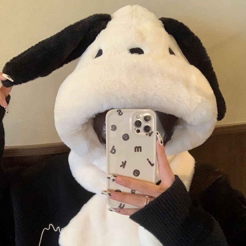 冬季爆款帽子可爱小狗卡通毛绒连帽围脖女冬季冬天保暖手套帽子围