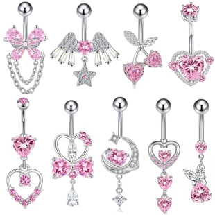 Belly Button Ring, Stainless Steel & Copper, Pink Zircon Accent, Multiple Style Options