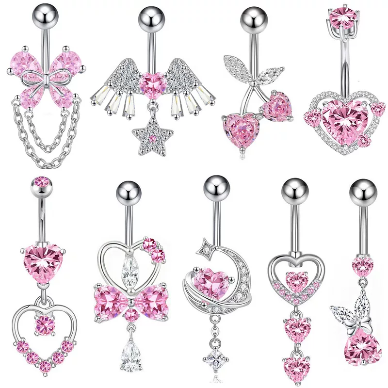 Belly Button Ring, Stainless Steel & Copper, Pink Zircon Accent, Multiple Style Options
