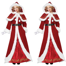万圣节新款成人宫廷长裙圣诞裙圣诞老人女款连衣裙含披肩大红色
