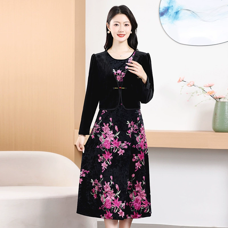 Новое платье 2025 года, модная новинка, цветочный принт, больших размеров, скрывающее живот, стройнящее, средней длины, плотное.