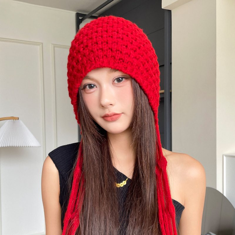 红色流苏毛线帽子秋冬女护耳套头帽新款时尚保暖加厚针织包头帽子|undefined