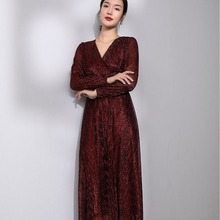 欧美名媛新款品质V流行金线红色显瘦大摆连衣裙气质女装裙