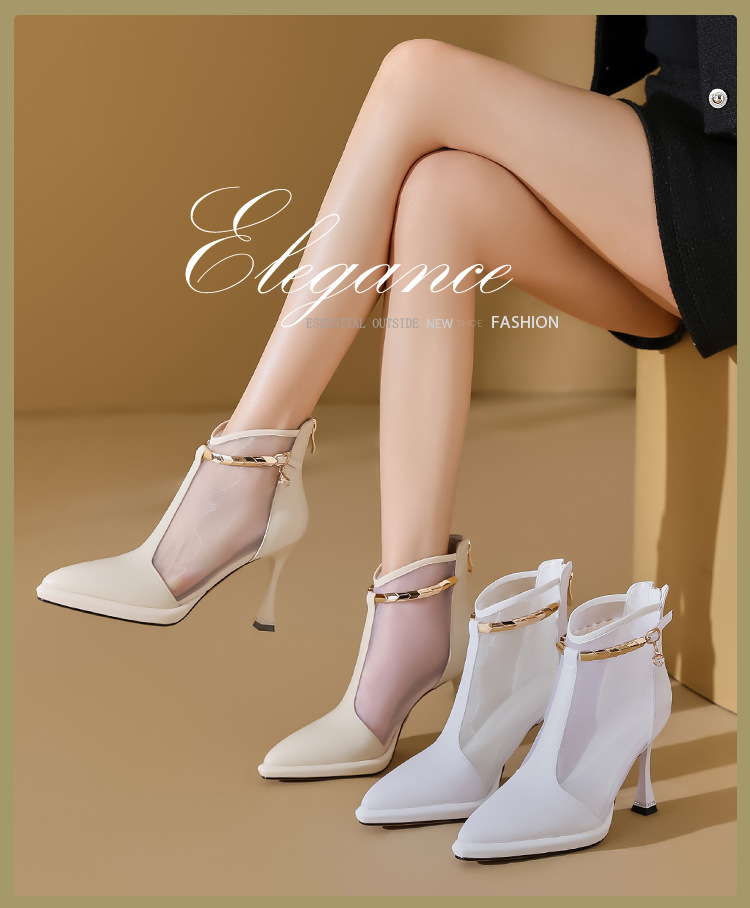 Boot nữ cổ thấp mũi nhọn da bò phối lưới hở gót cao — Màu trắng chi tiết 1