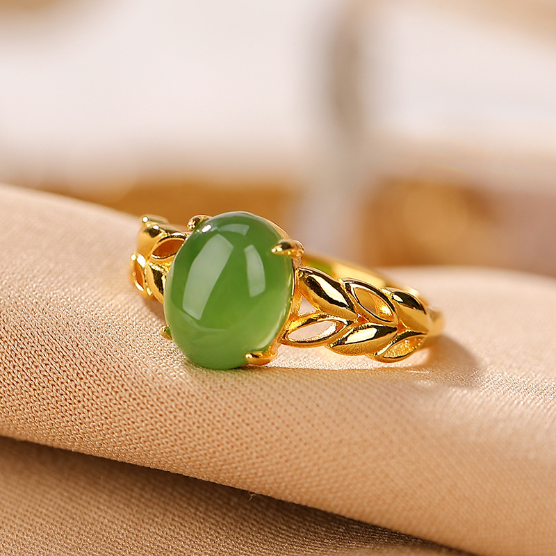 Nhẫn nữ bạc S925 mạ vàng đính ngọc bích jasper phong cách retro họa tiết vườn lúa mì — Kiểu mạ bạch kim