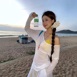 【工厂直销】防晒罩衫女夏2025爆款长袖白色t恤辣妹斜肩设计上衣