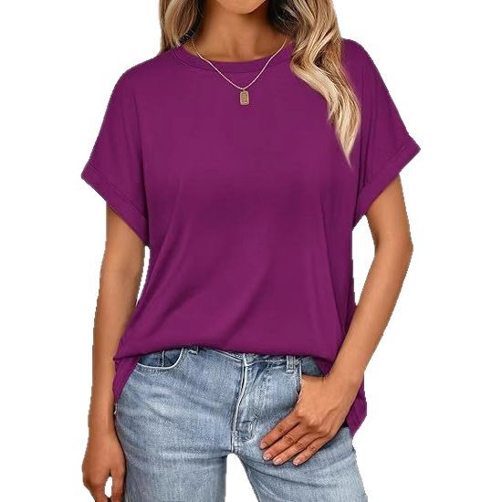 TK2025 Europäische und amerikanische grenzüberschreitende Frühjahr/Sommer-Kollektion: Neues, lässiges Kurzarm-Shirt mit Rundhalsausschnitt in Unifarbe und lockerer Passform._voghion.com