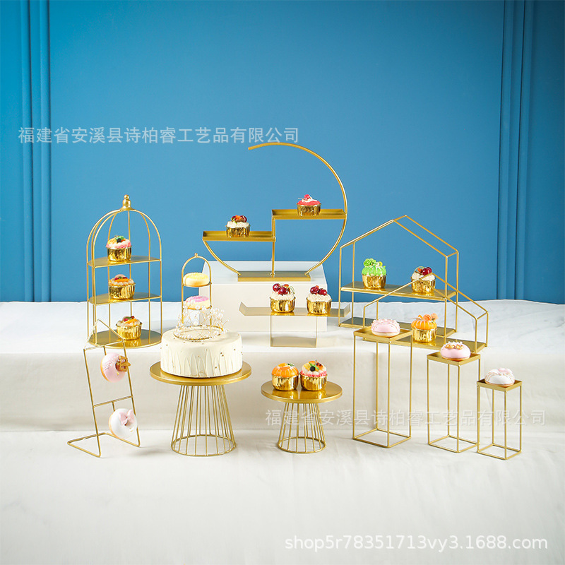 Boda creativa fiesta de cumpleaños buffet mesa de té de la tarde mesa de bebidas frías hierro forjado oro estante de pastel decoración mesa de postres image 33
