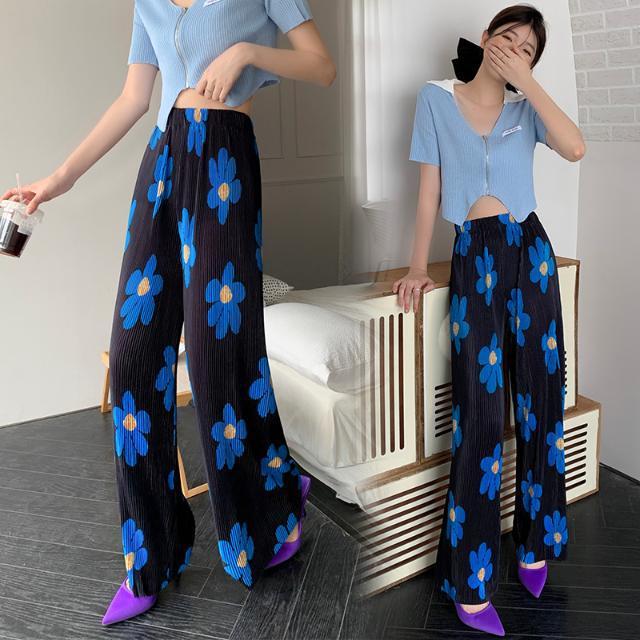 Korean women's colorful flower printed wide leg pants high waist sagging slim straight pleated casual pants anti-mosquito wholesale