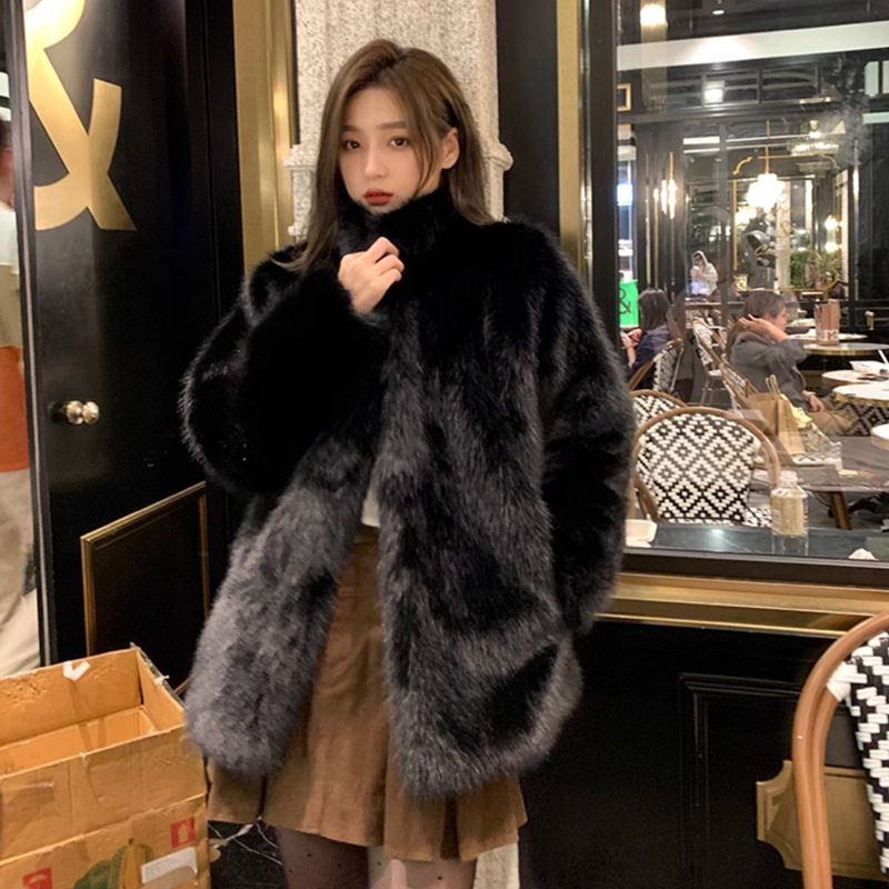 环保冬季纯色水貂毛毛外套韩版仿獭兔毛年轻款中长款皮大衣女