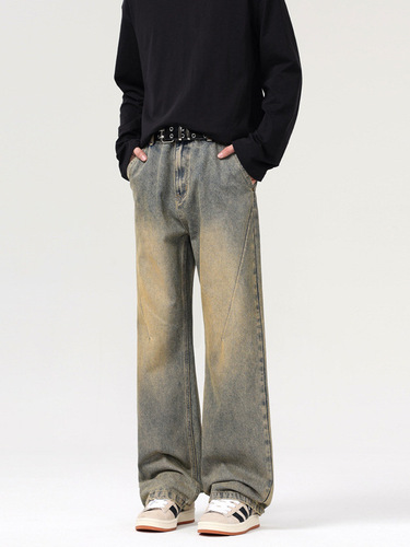 LKTM Men's Apparel #American Retro Distressed Yellow Clay Dye Deconstructed Jeans Men's Trendy Loose Casual Slit Long Pants