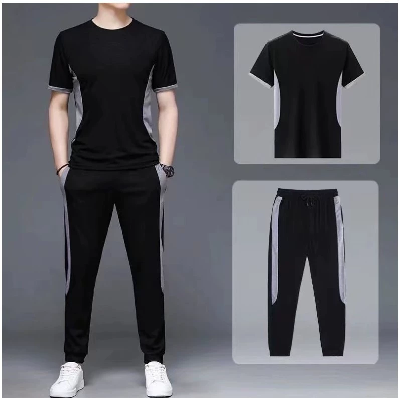 Мужской крутой мягкий эластичный тонкий эластичный Быстросохнущий летний трендовый Классический Повседневный Спортивный костюм из двух частей с девятью штанами