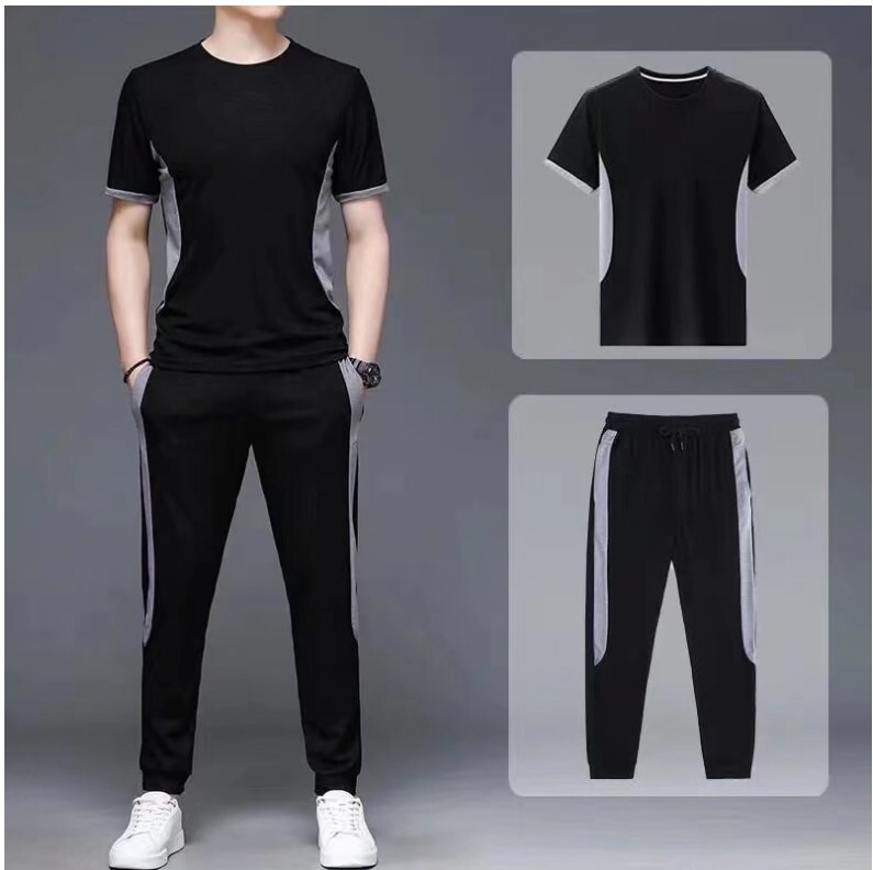 Men's Ice-cool Two-piece Soft Elastic Thin Quick-drying Summer Fashionable Ankle-length Pants Classic Casual Sports Suit