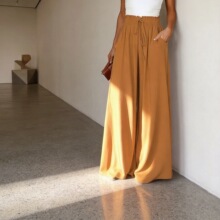 2026跨境夏季纯色高腰阔腿裤女松紧褶皱腰抽绳显瘦垂感外贸女装跨