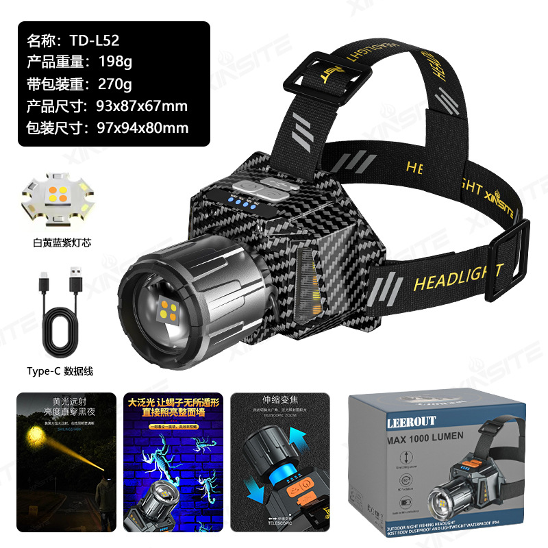 Luz transfronteriza al aire libre multifuncional zoom headlight alta luz lumen lámpara montada en la cabeza lámpara de pesca nocturna iluminación impermeable lámpara de trabajo