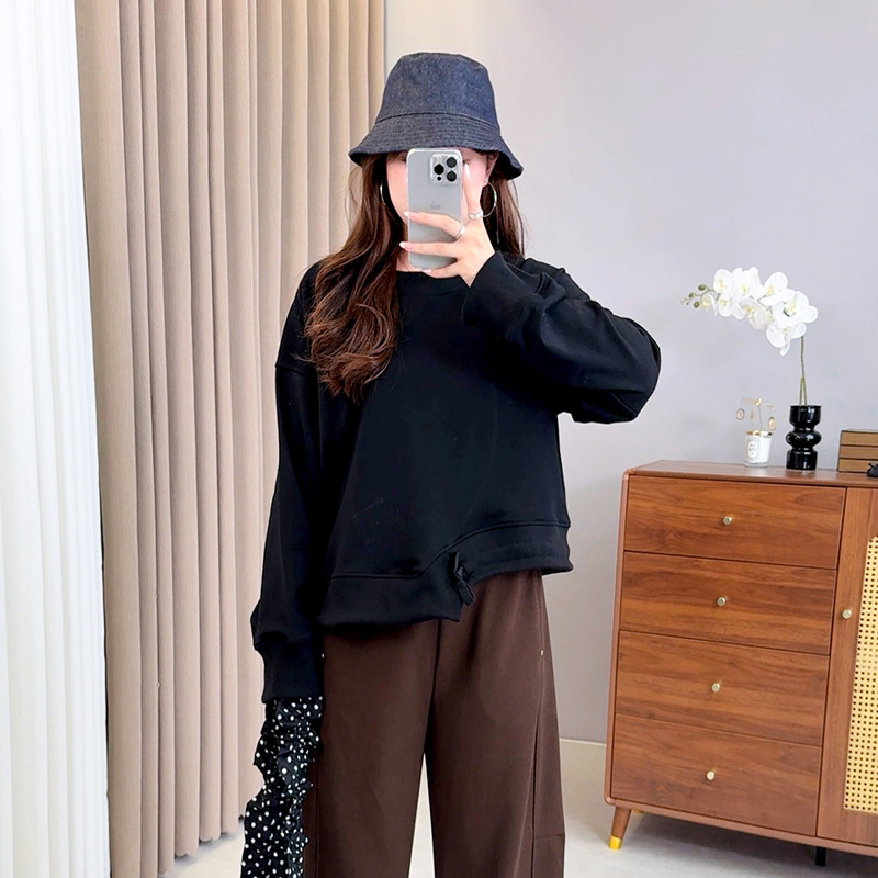 Ziyuan Plus Size Women's Clothing 2025 New Autumn Fat mm 100kg Asymmetrical Drawstring Round Neck Sweatshirt Top Women W-250