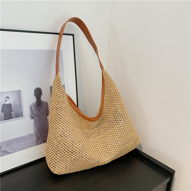 South Korea Ins Vintage Woven Tote Bag Straw Bag Large Capacity Underarm Bag Shoulder Bag Holiday Style Beach Bag for Women