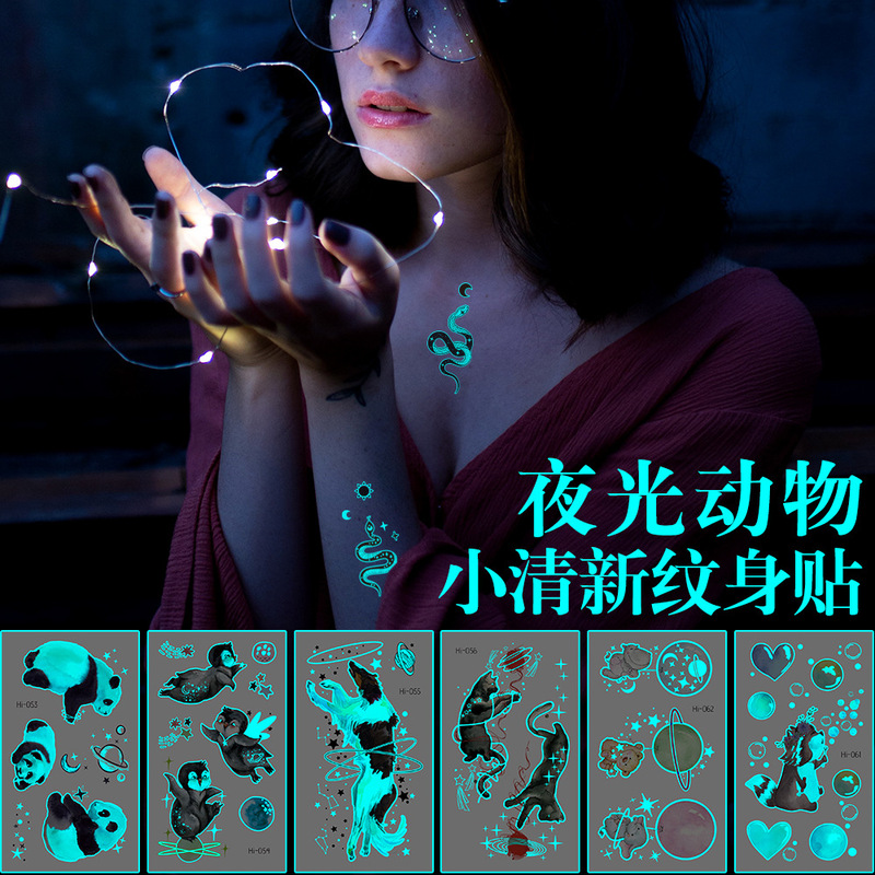 Glow-In-The-Dark Cute Animal Tattoo Stickers Waterproof Luminous Fluorescent Super Bright Cat Dog Rabbit Arm Stickers Foreign Trade Wholesale