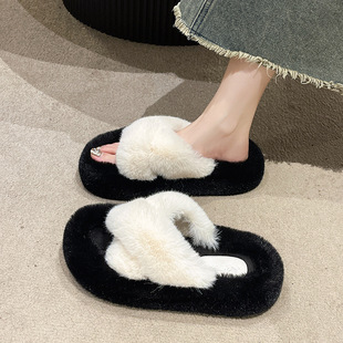 2023 Autumn and Winter Top Otter Imitation Rabbit Fur Hair Slippers Women's Outer Wear Fashionable Large Size Home Warm Moon Shoes