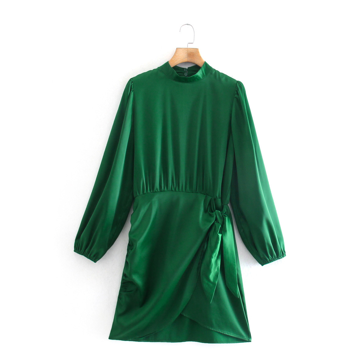 Green Long-Sleeved Silk Satin Dress NSXFL103689